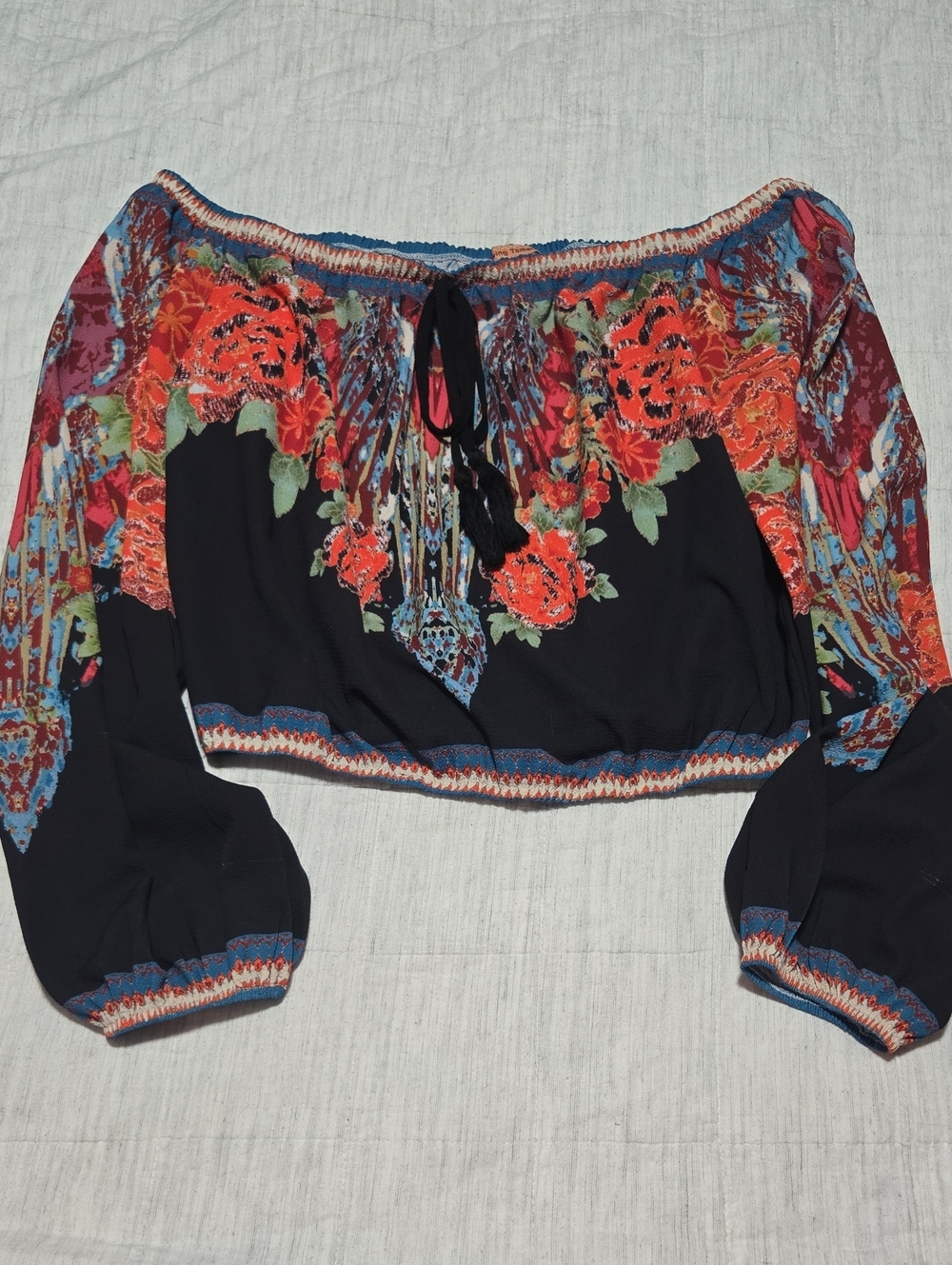 Flying Tomato Off-Shoulder Floral Blouse in Black and Red